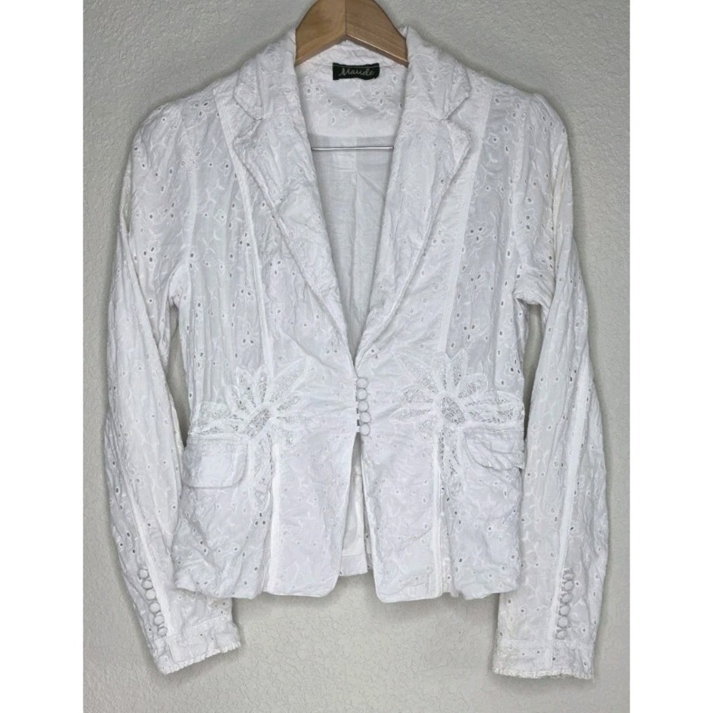 Woman M Lace Crochet Blazer Jacket Cottage Boho Ruffle Coastal Embroidery Tailor